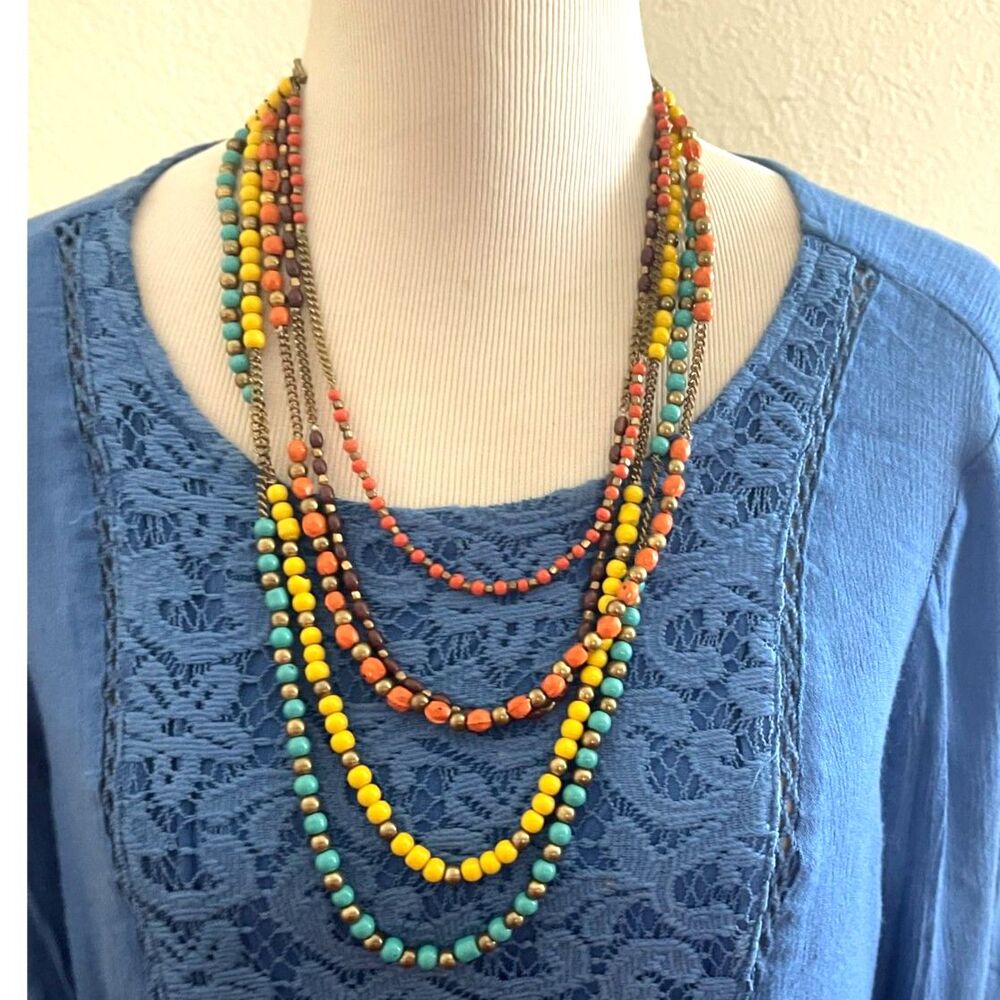 Vintage Glass Multi-Layered Colorful Necklace Blue Yellow Orange 28" Long